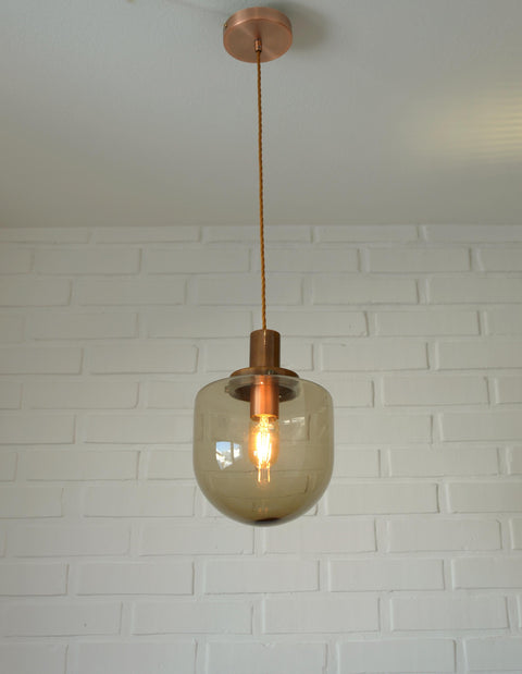 1/3 Vintage Hand Blown Smoked Glass Pendant Light / Retro Copper Bar Lamps / Mid Century Modern 1970's