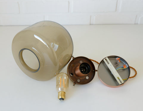 1/3 Vintage Hand Blown Smoked Glass Pendant Light / Retro Copper Bar Lamps / Mid Century Modern 1970's