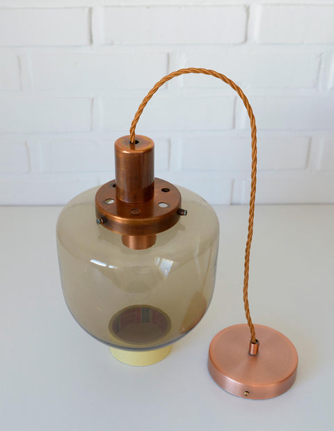 1/3 Vintage Hand Blown Smoked Glass Pendant Light / Retro Copper Bar Lamps / Mid Century Modern 1970's