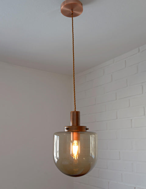 1/3 Vintage Hand Blown Smoked Glass Pendant Light / Retro Copper Bar Lamps / Mid Century Modern 1970's