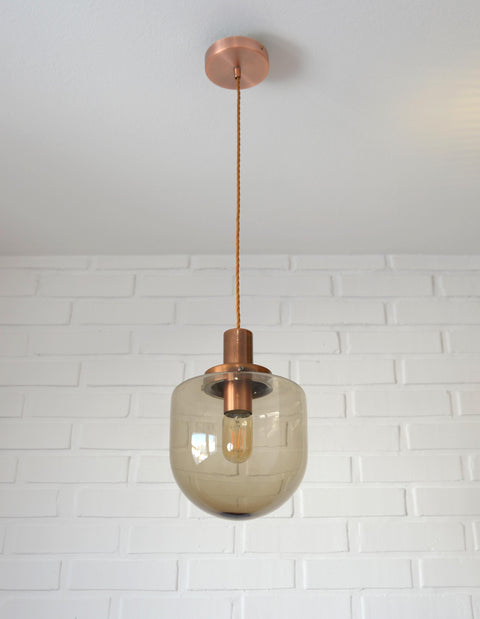 1/3 Vintage Hand Blown Smoked Glass Pendant Light / Retro Copper Bar Lamps / Mid Century Modern 1970's