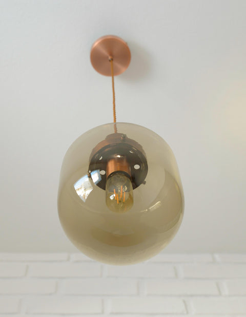 1/3 Vintage Hand Blown Smoked Glass Pendant Light / Retro Copper Bar Lamps / Mid Century Modern 1970's