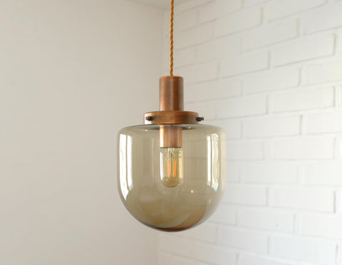 1/3 Vintage Hand Blown Smoked Glass Pendant Light / Retro Copper Bar Lamps / Mid Century Modern 1970's