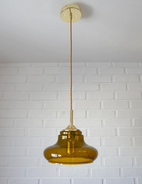 Hand Blown Amber Glass Pendant Light: MCM Retro Bar Golden Hanging Lamp