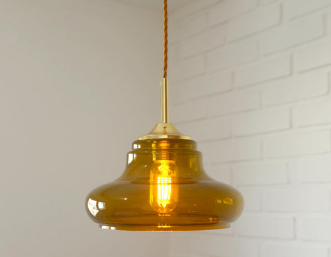 Hand Blown Amber Glass Pendant Light: MCM Retro Bar Golden Hanging Lamp