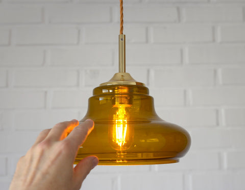 Hand Blown Amber Glass Pendant Light: MCM Retro Bar Golden Hanging Lamp
