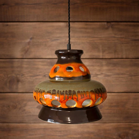 Vintage Ceramic Pendant Light: 1970s Rustic Handmade Chandelier