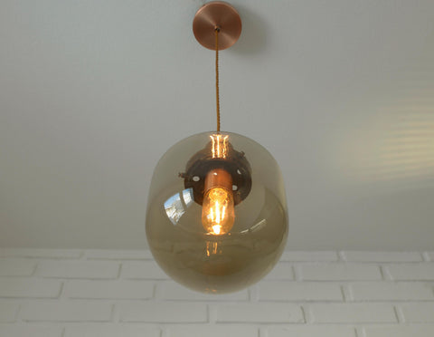1/3 Vintage Hand Blown Smoked Glass Pendant Light / Retro Copper Bar Lamps / Mid Century Modern 1970's
