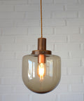 1/3 Vintage Hand Blown Smoked Glass Pendant Light / Retro Copper Bar Lamps / Mid Century Modern 1970's