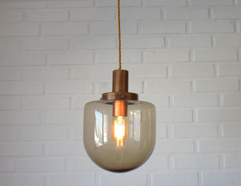 1/3 Vintage Hand Blown Smoked Glass Pendant Light / Retro Copper Bar Lamps / Mid Century Modern 1970's