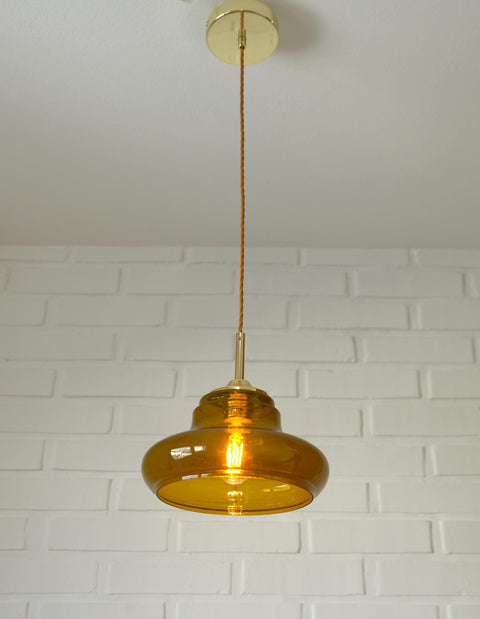 Hand Blown Amber Glass Pendant Light: MCM Retro Bar Golden Hanging Lamp
