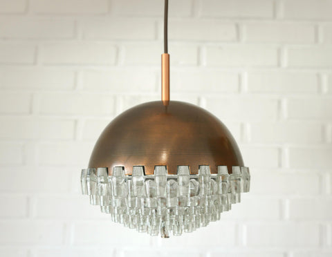 1/4 Vintage Glass Pendant Light / Brutalist Copper Bar Lamps / Mid Century Modern 1970's