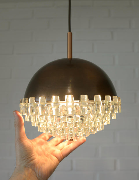 1/4 Vintage Glass Pendant Light / Brutalist Copper Bar Lamps / Mid Century Modern 1970's