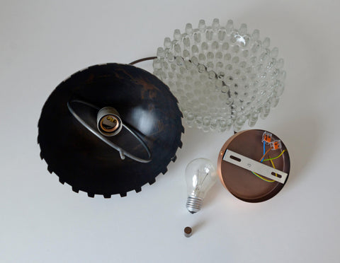 1/4 Vintage Glass Pendant Light / Brutalist Copper Bar Lamps / Mid Century Modern 1970's