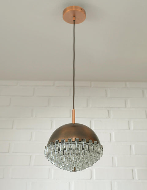 1/4 Vintage Glass Pendant Light / Brutalist Copper Bar Lamps / Mid Century Modern 1970's