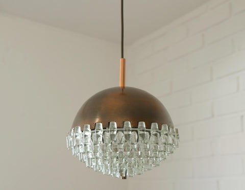 1/4 Vintage Glass Pendant Light / Brutalist Copper Bar Lamps / Mid Century Modern 1970's