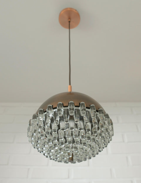 1/4 Vintage Glass Pendant Light / Brutalist Copper Bar Lamps / Mid Century Modern 1970's