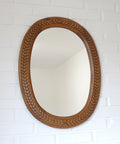 Vintage Hand-Carved Oval Oak Mirror – 1960s Vanity Wall Decor