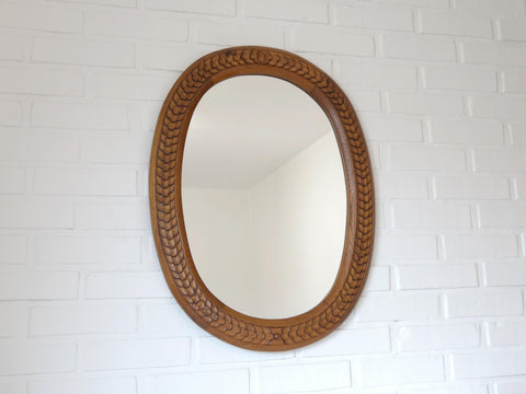 Vintage Hand-Carved Oval Oak Mirror – 1960s Vanity Wall Decor