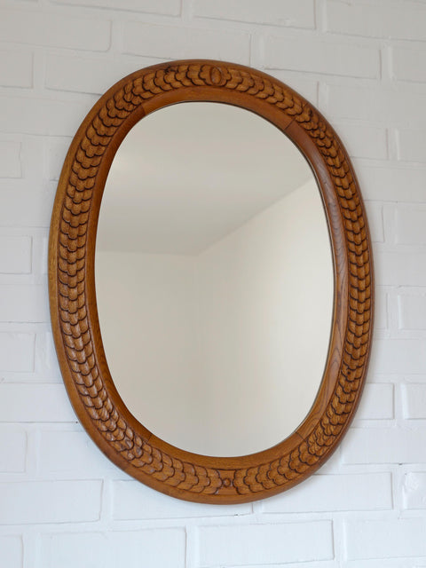 Vintage Hand-Carved Oval Oak Mirror – 1960s Vanity Wall Decor