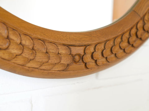 Vintage Hand-Carved Oval Oak Mirror – 1960s Vanity Wall Decor