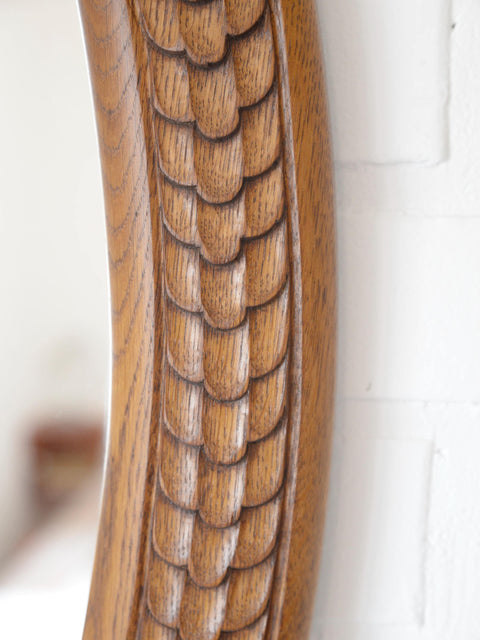 Vintage Hand-Carved Oval Oak Mirror – 1960s Vanity Wall Decor