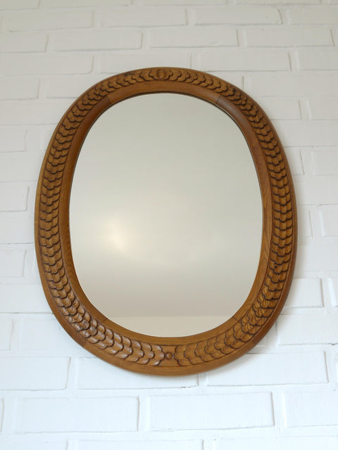 Vintage Hand-Carved Oval Oak Mirror – 1960s Vanity Wall Decor