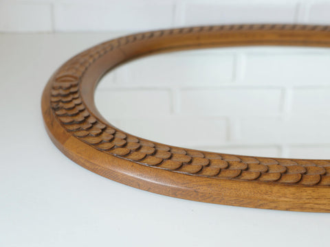 Vintage Hand-Carved Oval Oak Mirror – 1960s Vanity Wall Decor