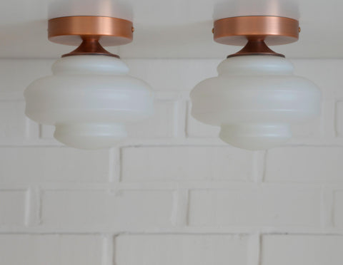 Set of 2 Vintage Milk Glass Sconces - Mid Century Modern Copper Flush Mount Lights