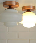 Set of 2 Vintage Milk Glass Sconces - Mid Century Modern Copper Flush Mount Lights