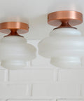 Set of 2 Vintage Milk Glass Sconces - Mid Century Modern Copper Flush Mount Lights