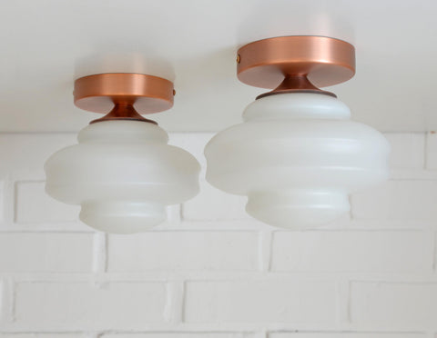 Set of 2 Vintage Milk Glass Sconces - Mid Century Modern Copper Flush Mount Lights