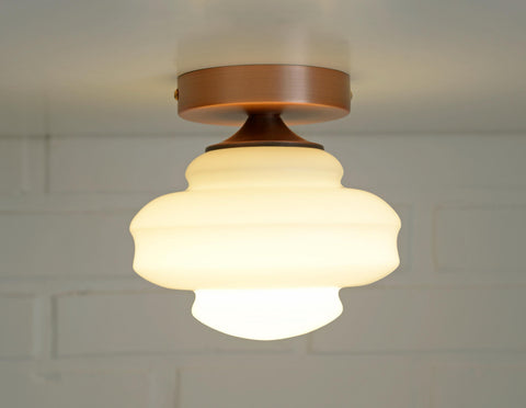 Set of 2 Vintage Milk Glass Sconces - Mid Century Modern Copper Flush Mount Lights
