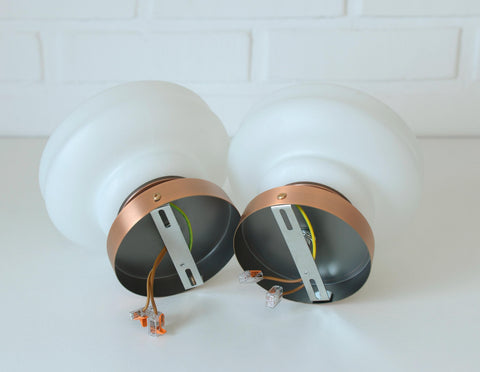 Set of 2 Vintage Milk Glass Sconces - Mid Century Modern Copper Flush Mount Lights