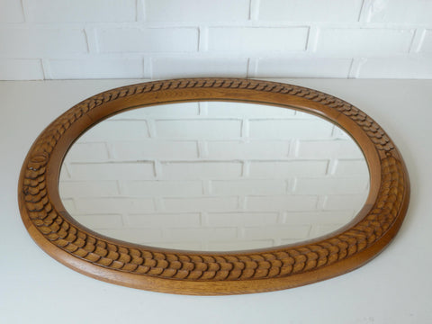 Vintage Hand-Carved Oval Oak Mirror – 1960s Vanity Wall Decor