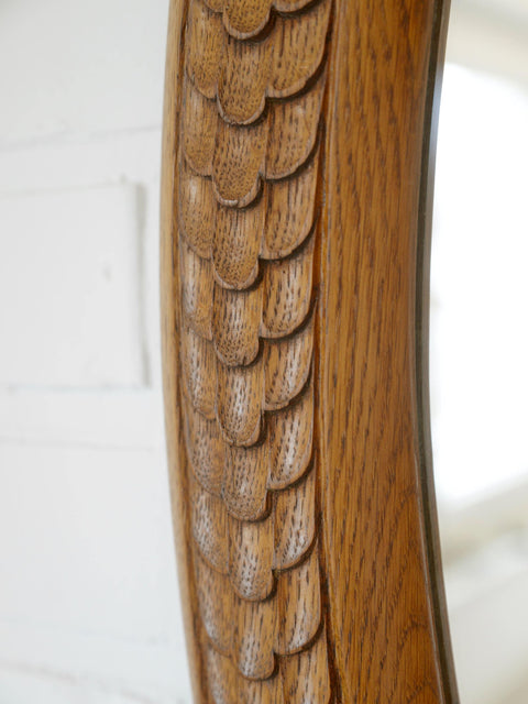 Vintage Hand-Carved Oval Oak Mirror – 1960s Vanity Wall Decor