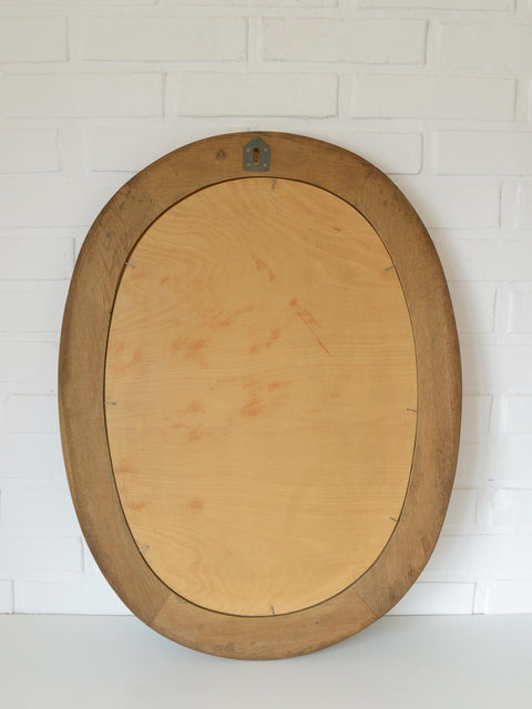 Vintage Hand-Carved Oval Oak Mirror – 1960s Vanity Wall Decor