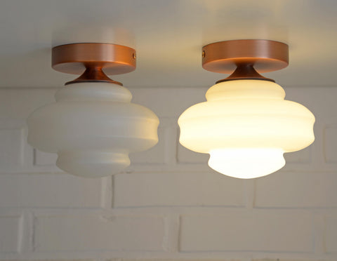 Set of 2 Vintage Milk Glass Sconces - Mid Century Modern Copper Flush Mount Lights