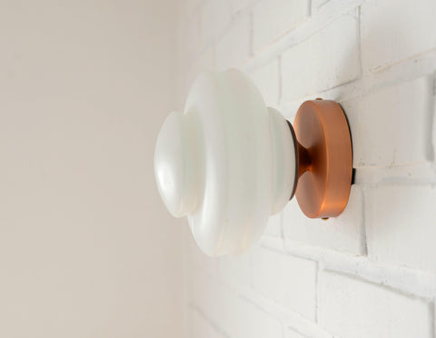 Set of 2 Vintage Milk Glass Sconces - Mid Century Modern Copper Flush Mount Lights