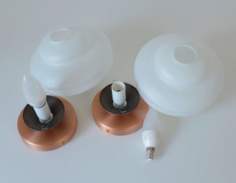 Set of 2 Vintage Milk Glass Sconces - Mid Century Modern Copper Flush Mount Lights