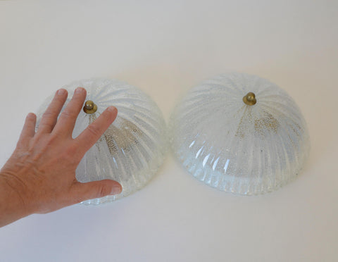 Set of 2 Vintage Hand Blown Ice Glass Wall Sconce / Pair of Flush Mount Ceiling Light