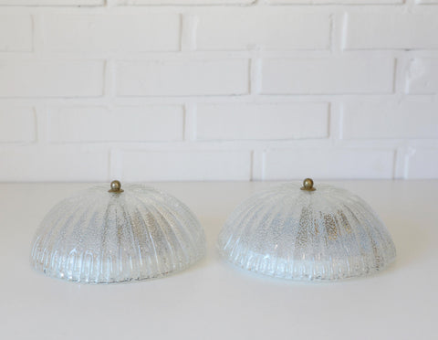Set of 2 Vintage Hand Blown Ice Glass Wall Sconce / Pair of Flush Mount Ceiling Light