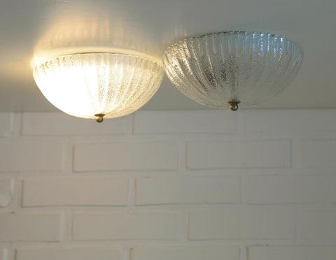 Set of 2 Vintage Hand Blown Ice Glass Wall Sconce / Pair of Flush Mount Ceiling Light