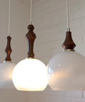Vintage Pendant Lights / Set of 3 / Redesign Wood and Glass Hanging Bar Lamps