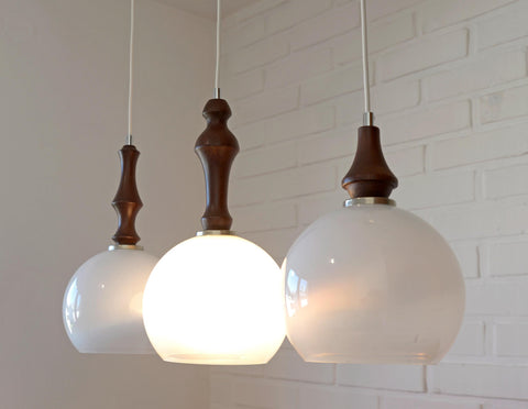 Vintage Pendant Lights / Set of 3 / Redesign Wood and Glass Hanging Bar Lamps