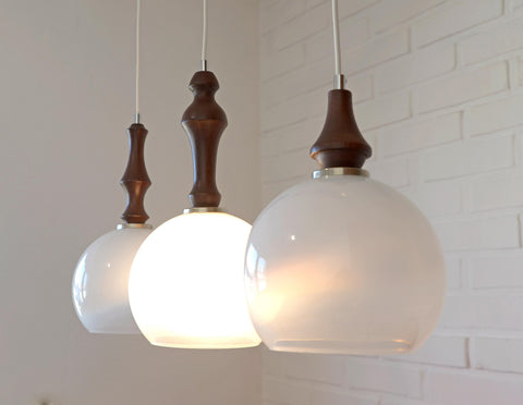 Vintage Pendant Lights / Set of 3 / Redesign Wood and Glass Hanging Bar Lamps