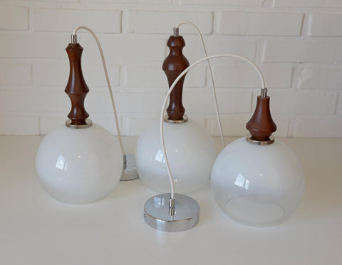 Vintage Pendant Lights / Set of 3 / Redesign Wood and Glass Hanging Bar Lamps