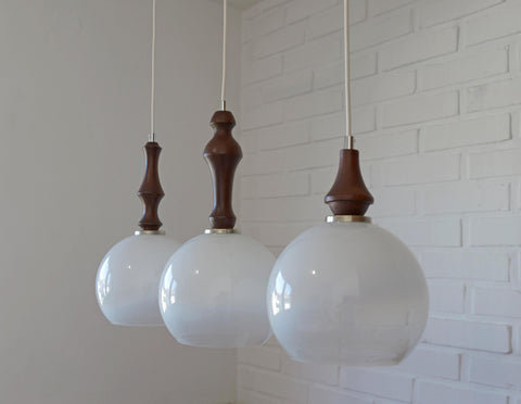 Vintage Pendant Lights / Set of 3 / Redesign Wood and Glass Hanging Bar Lamps