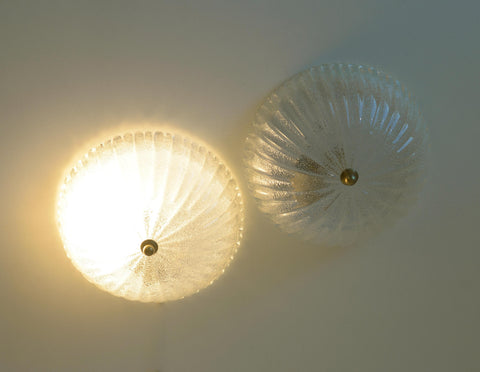Set of 2 Vintage Hand Blown Ice Glass Wall Sconce / Pair of Flush Mount Ceiling Light