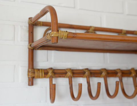 Set of 2 Vintage Bamboo Shelves / Rattan Wall- Mount Shelf / Wall Hanging Rack 1970s